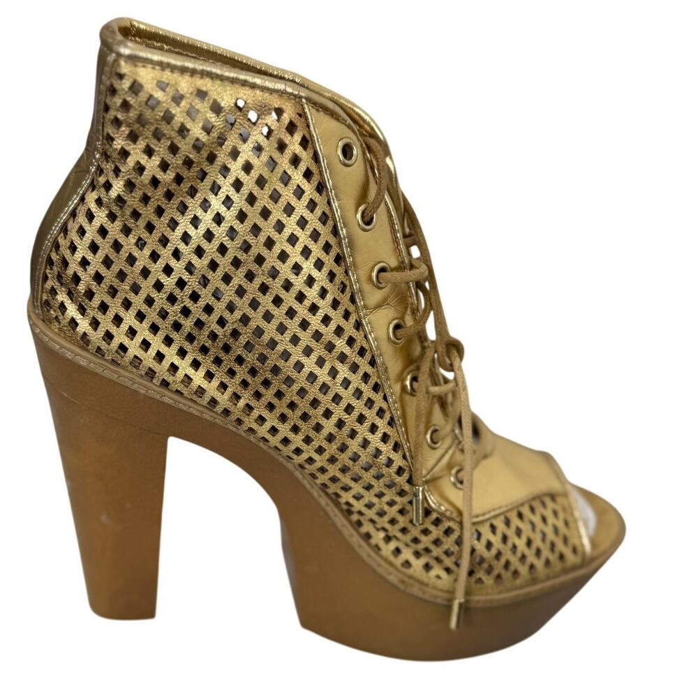 DOLL HOUSE Women's Gold Perforated Peep Toe Platform Bootie Cage 10